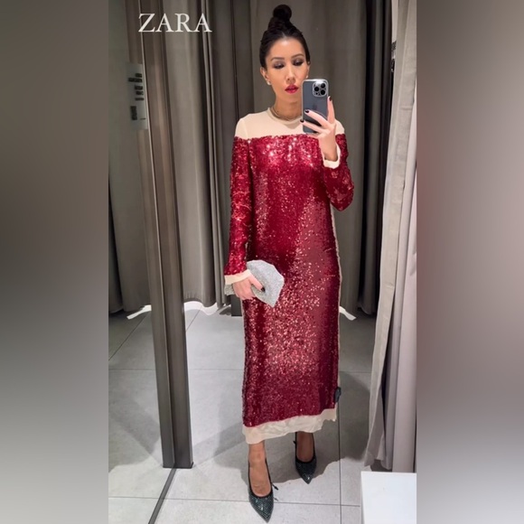 Zara ZW collection red sequin chiffon dress, Christmas party, holiday, New Years - Picture 11 of 16